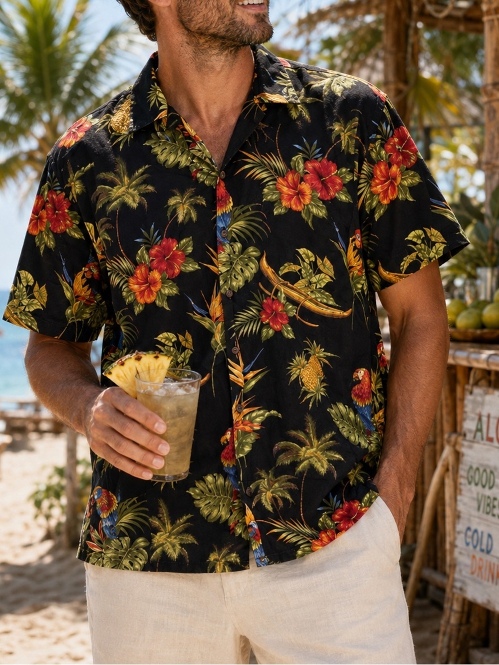 Ho Aloha Hawaiian Shirt Button Up Vacation Top Large
